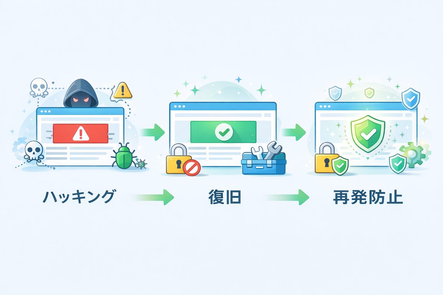 調査から復旧、再発防止までの4ステップ図解
