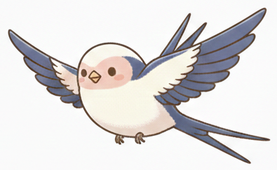 Cartoon blue-and-white bird with pink cheeks flying, wings spread wide.